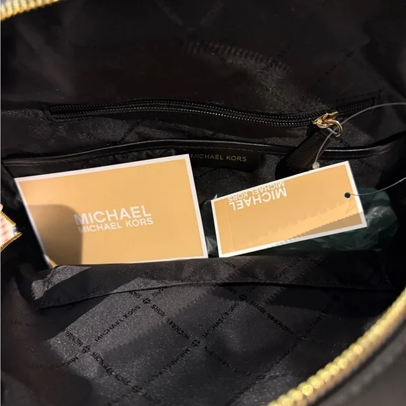 Black Leather Backpack with Gold Accents